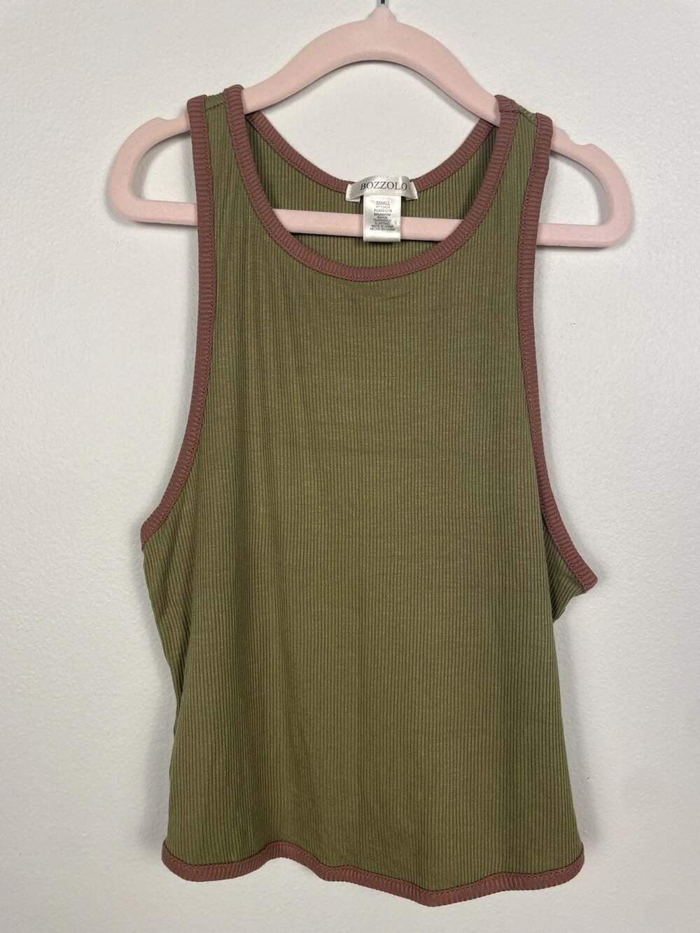 Bozzolo Olive Green Ribbed Tank Top with Contrast Trim